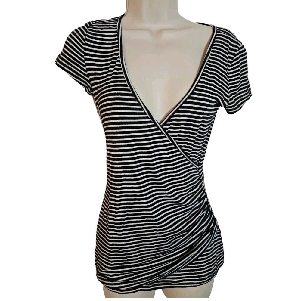 Cache Metallic Striped Print Faux Wrap Top‎ Short Sleeve Women's Sz XS Stretchy